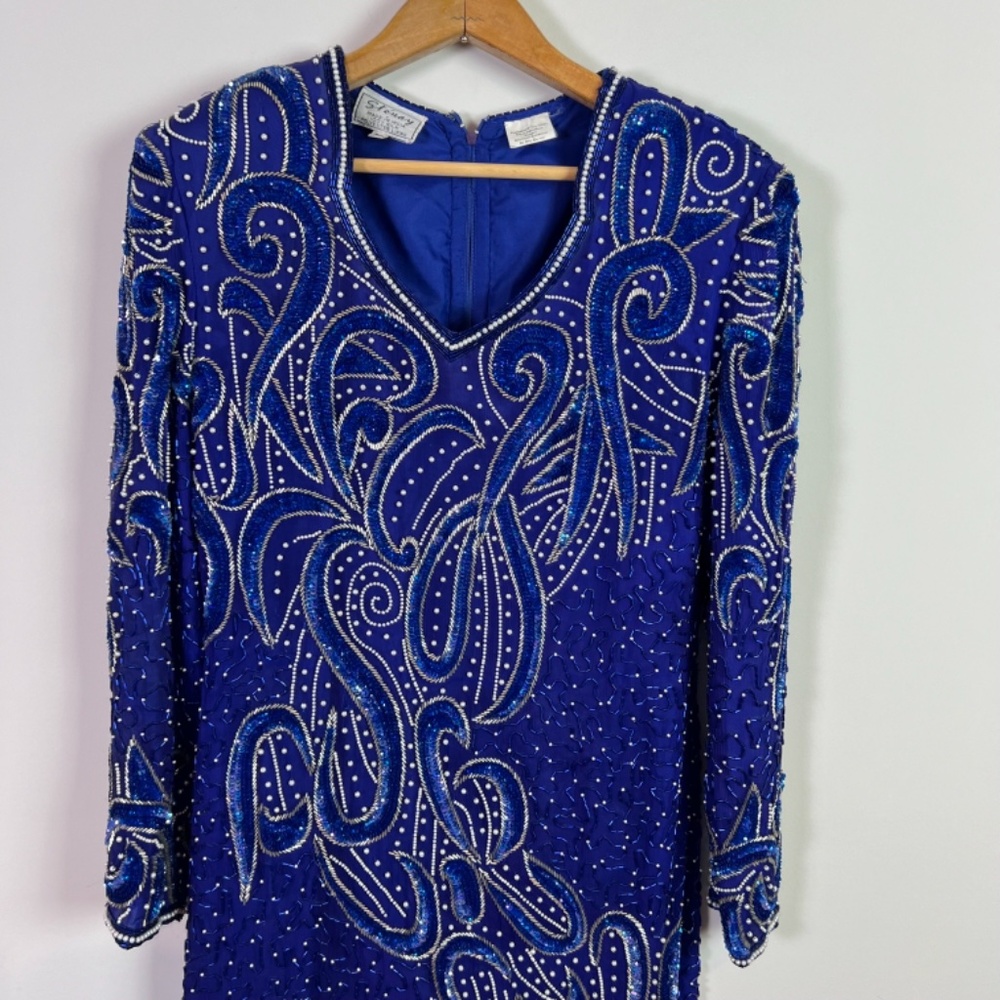Stenay Blue Silver Beaded Silk Long Sleeve Midi Dress Women Size 8 Petite - Picture 2 of 7
